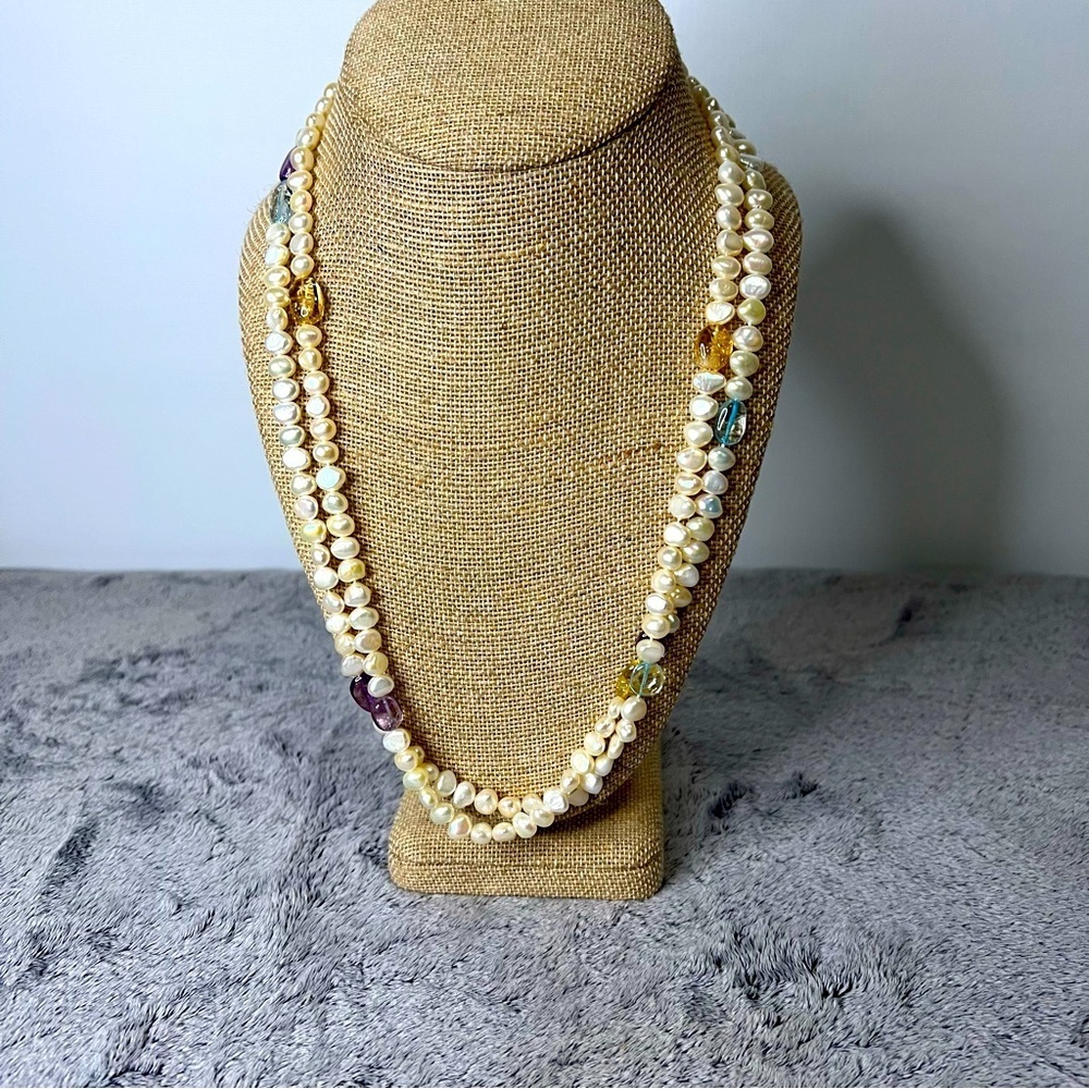 Double Strand Freshwater Pearl Gemstone Beads Necklace 22in